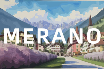 Merano: Beautiful painting of an Italian village with the name Merano in Trentino-Alto Adige - obrazy, fototapety, plakaty