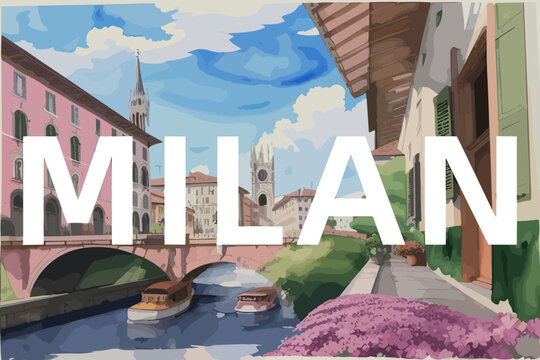 Milan: Beautiful painting of an Italian village with the name Milan in Lombardy
