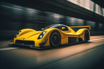 Plakat A fast yellow race car on track with motion blur in background and blurred front of car. Generative AI