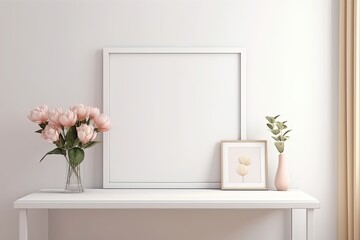 Obraz na płótnie Canvas Blank horizontal poster frame mock up in minimal white style living room interior, modern living room interior background, Ai generative.