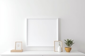 Blank horizontal poster frame mock up in minimal white style living room interior, modern living room interior background, Ai generative.