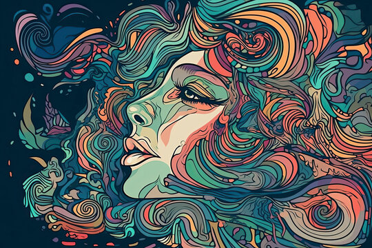 Colourful psychedelic line art with the abstract smoking woman. Cigarette