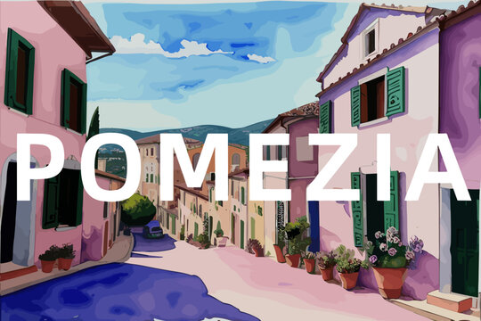 Pomezia: Beautiful painting of an Italian village with the name Pomezia in Lazio