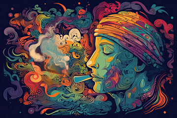 Colourful psychedelic line art with the abstract smoking woman. Cigarette