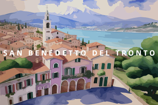 San Benedetto del Tronto: Beautiful painting of an Italian village with the name San Benedetto del Tronto in Marche