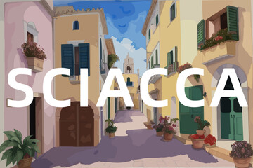 Sciacca: Beautiful painting of an Italian village with the name Sciacca in Sicilia - obrazy, fototapety, plakaty