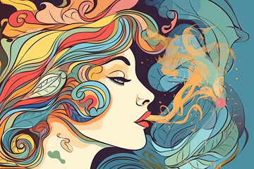 Colourful psychedelic line art with the abstract smoking woman. Cigarette