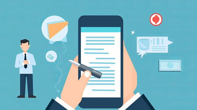Business performance monitoring concept, businessman using smartphone Online survey filling out, digital form checklist, blue background, flat design, business person working on tablet pc, Generative 