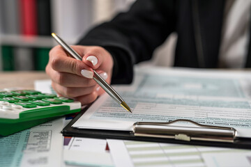 female hands filling tax form. blank empty 1040 form, deadline