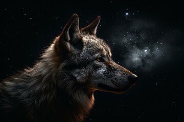 AI-generated aesthetic wolf in starry universe on black background. Generative AI