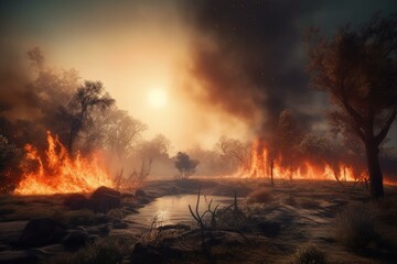 Fototapeta na wymiar Illustration of a devastating wildfire. Generative AI