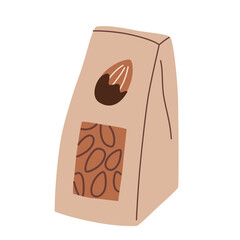 Chocolate covered almonds, healthy dessert icon, vector doodle illustration of delicious vegan snack, roasted nuts with chocolate topping, natural plant-based on the go food, isolated colored clipart 