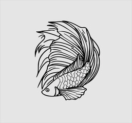 hand drawn design, cartoon tropical fish Betta splendens. Isolated vector illustration in linear style