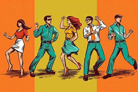 dancing young men boys and girls, copy space on top. Pop art retro vector illustration vintage kitsch