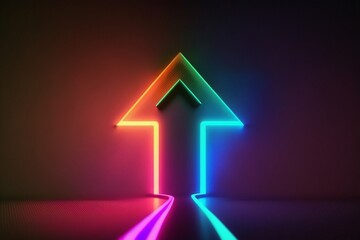 3d render, abstract minimalist geometric background. Colorful neon ascending arrow, linear sign