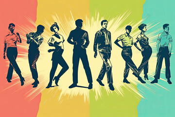dancing young men boys and girls, copy space on top. Pop art retro vector illustration vintage kitsch