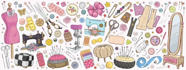 Vector hand drawn sewing retro set. Collection of highly detailed hand drawn mannequin and sewing tools isolated on background