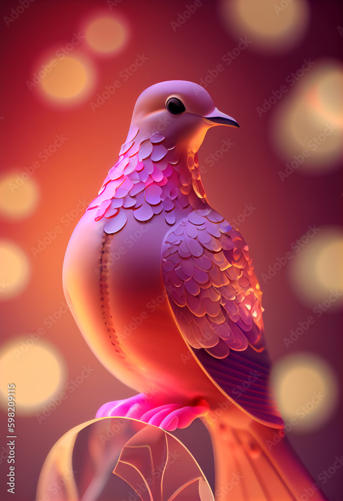 Poster Beautiful abstract bird Dove from smooth elegant transparent fabric concept, contemporary on bright bokeh background 3d pink and peach colors. Generative AI technology.
