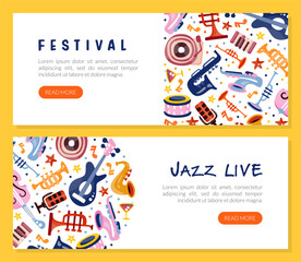 Obraz premium Jazz Musical Festival and Concert Landing Page with Instrument Vector Template
