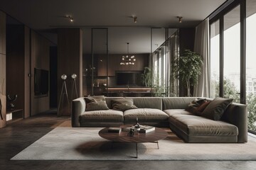 Contemporary lounge area & a bedroom's interior. Generative AI
