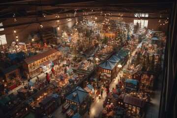 Bustling Christmas toy factory with busy elves hammering and packing toys, giant machine at center. Generative AI