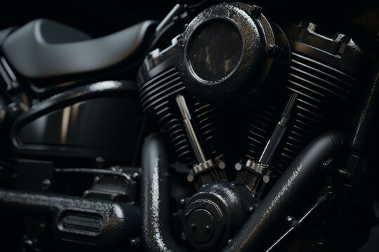 Dark detailed motorcycle part 3d render on black background. Generative AI