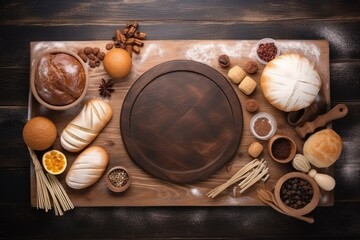Pastry wooden board, Flour with ingredients of bekery, Ai Generative