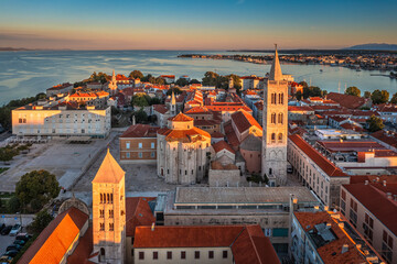 Zadar, Croatia - Aerial view of the old town of Zadar by the Adriatic sea with Church of St. Donatus and the Cathedral of St. Anastasia and blue sky on a bright summer morning