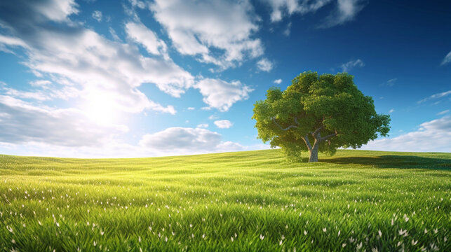 Land scape image of Extensive lawn and blue sky, white clouds and the sun on the horizon, big tree. Generative Ai