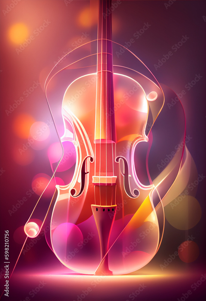 Poster beautiful abstract cello concept, contemporary on bright bokeh background 3d pink and peach colors. 