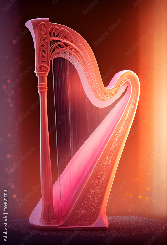 Poster beautiful abstract harp concept, contemporary on bright bokeh background 3d pink and peach colors. g