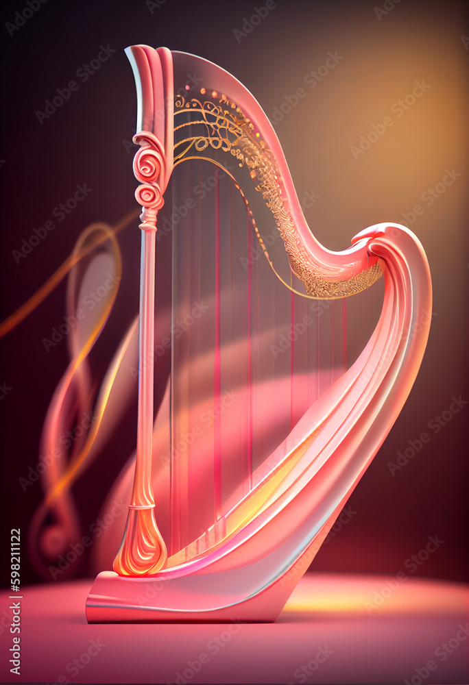 Poster beautiful abstract harp concept, contemporary on bright bokeh background 3d pink and peach colors. g