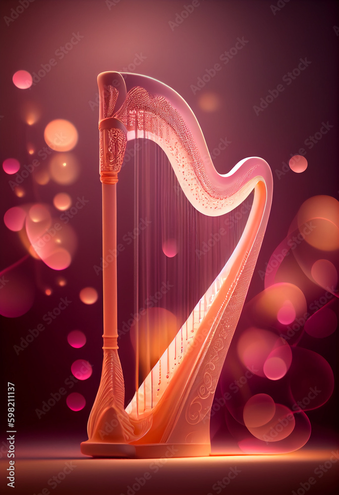 Poster beautiful abstract harp concept, contemporary on bright bokeh background 3d pink and peach colors. g