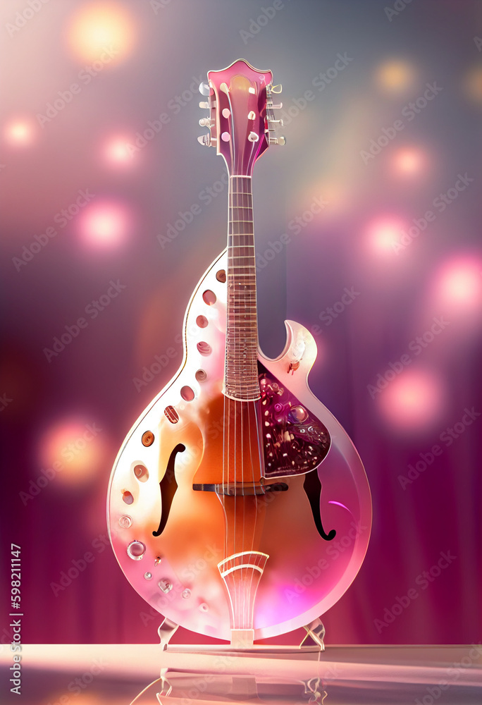 Poster beautiful abstract mandolin concept, contemporary on bright bokeh background 3d pink and peach color