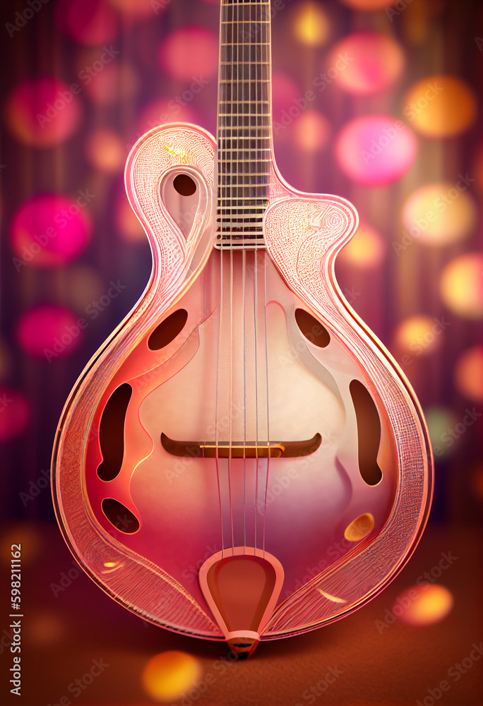 Poster beautiful abstract mandolin concept, contemporary on bright bokeh background 3d pink and peach color