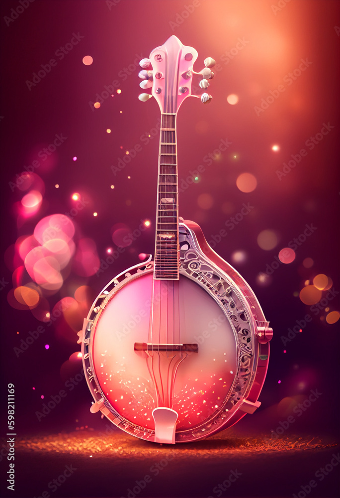 Poster Beautiful abstract Banjo concept, contemporary on bright bokeh background 3d pink and peach colors. Generative AI technology.
