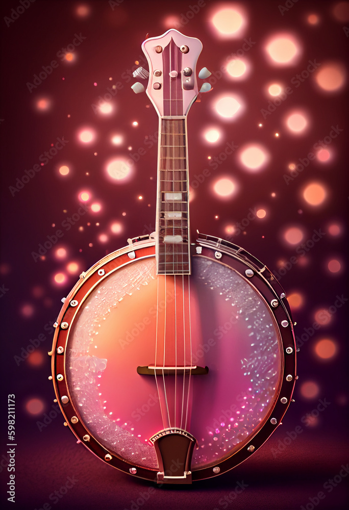 Poster beautiful abstract banjo concept, contemporary on bright bokeh background 3d pink and peach colors. 