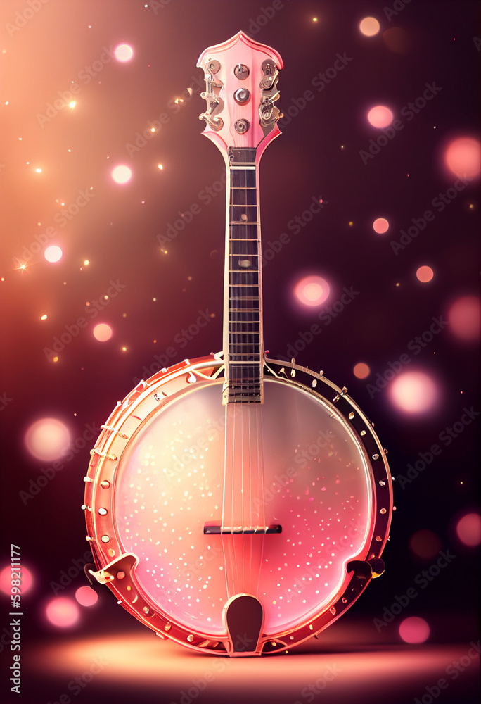 Aufkleber beautiful abstract banjo concept, contemporary on bright bokeh background 3d pink and peach colors. 