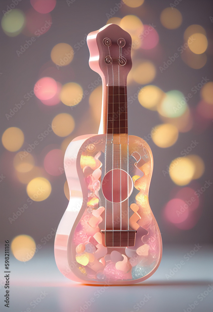 Poster beautiful abstract ukulele concept, contemporary on bright bokeh background 3d pink and peach colors