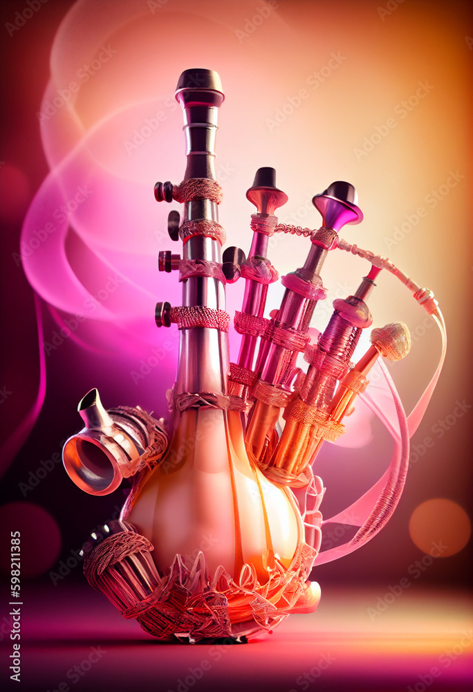 Poster beautiful abstract bagpipes concept, contemporary on bright bokeh background 3d pink and peach color