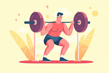 Fitness boy squat barbell arms gym. Slim, fit male athlete weightlifter training