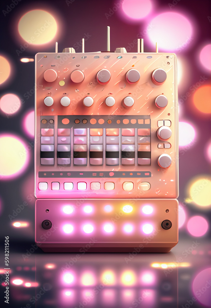 Poster beautiful abstract drum machine concept, contemporary on bright bokeh background 3d pink and peach c