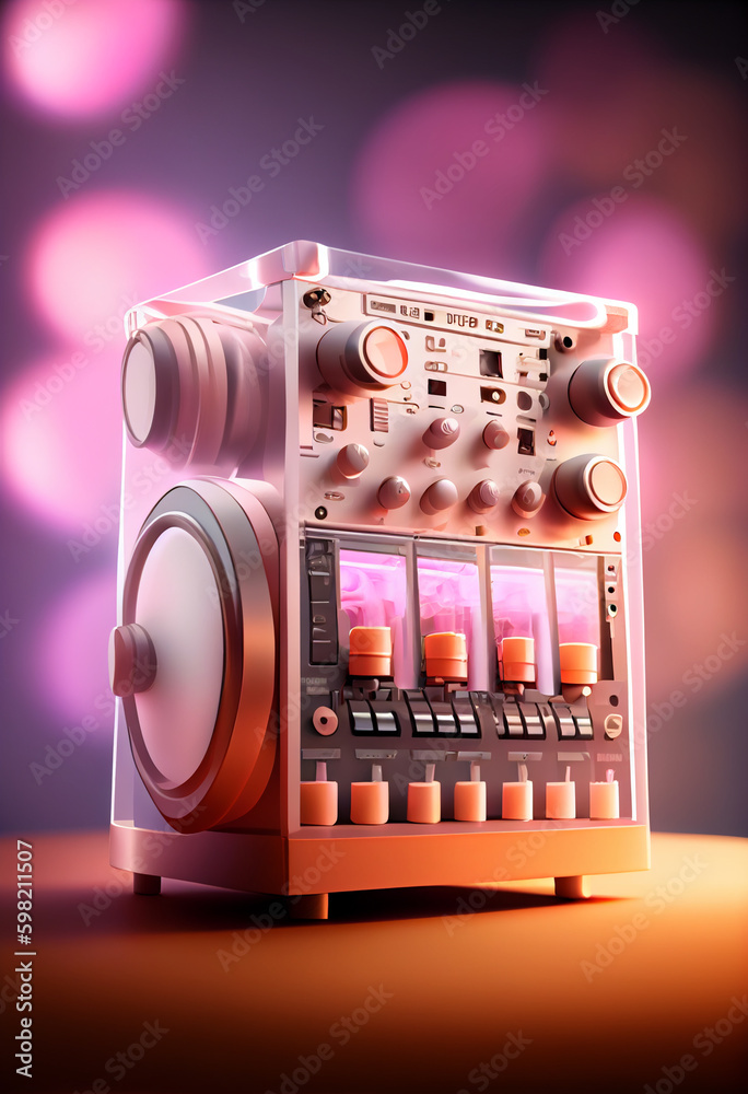 Poster beautiful abstract drum machine concept, contemporary on bright bokeh background 3d pink and peach c