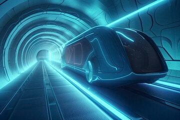 futuristic flying bus with peoples fast driving in sci fi tunnel, coridor. Concept of future. 3d rendering.