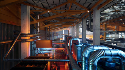 工場の内部の天井付近からの情景