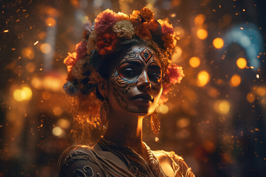 Beautiful woman dancing mexican for the Day of the Dead , Perfect beautiful dia de muertos background , Generate Ai