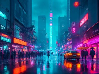 generative AI, neon lights, neon, city at night with neon lights