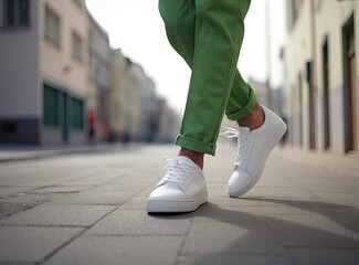 A man wearing sport sneakers on street . Men's sports shoes created with Generative AI technology