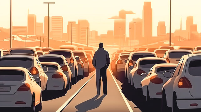 A man among the cars in the city, generative AI. Generative AI