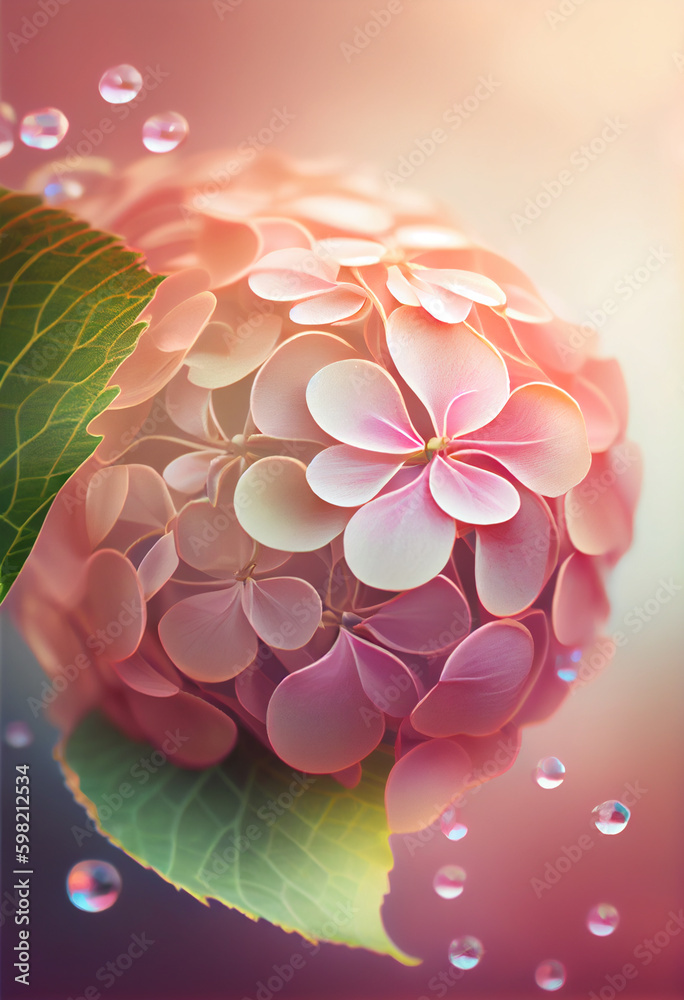 Poster Beautiful abstract flower Hydrangea from smooth elegant transparent fabric concept, contemporary on bright bokeh background 3d pink and peach colors. Generative AI technology.
